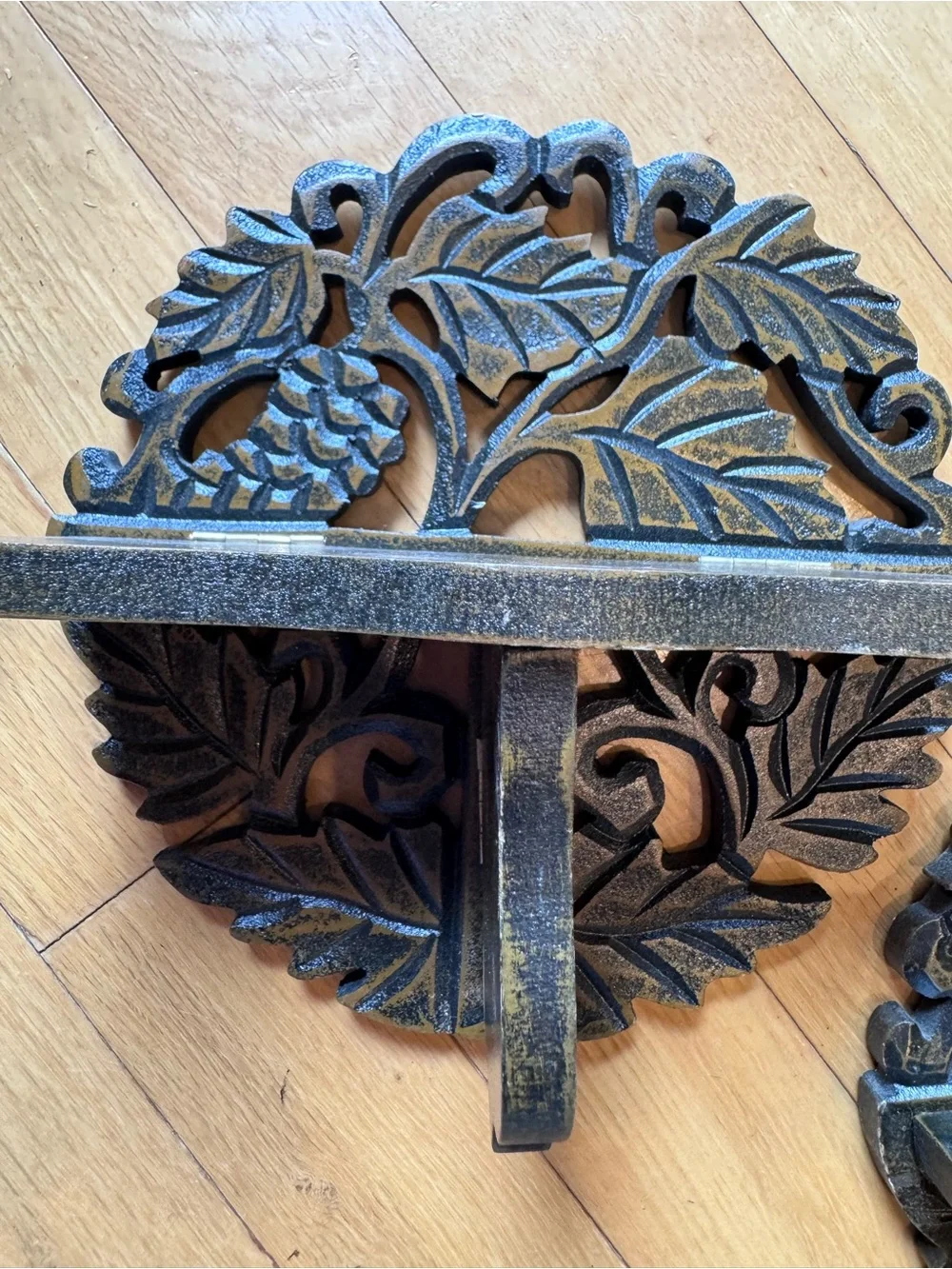 Vintage Set of 2 Carved Wood Grapevine Wall Shelves for Plants/Candles/Figurines